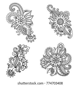 Set of Mehndi flower pattern for Henna drawing and tattoo. Decoration in ethnic oriental, Indian style.