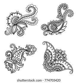 Set of Mehndi flower pattern for Henna drawing and tattoo. Decoration in ethnic oriental, Indian style.