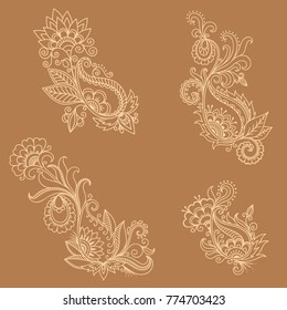 Set of Mehndi flower pattern for Henna drawing and tattoo. Decoration in ethnic oriental, Indian style.