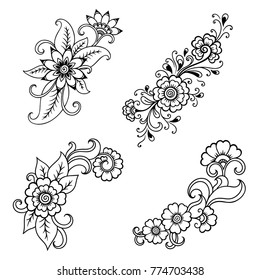 Set of Mehndi flower pattern for Henna drawing and tattoo. Decoration in ethnic oriental, Indian style.