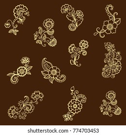 Set of mehndi flower pattern. Henna drawing and tattoo. Decoration in oriental, Indian style.