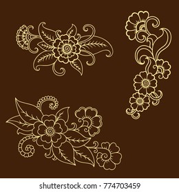 Set of Mehndi flower pattern for Henna drawing and tattoo. Decoration in ethnic oriental, Indian style.