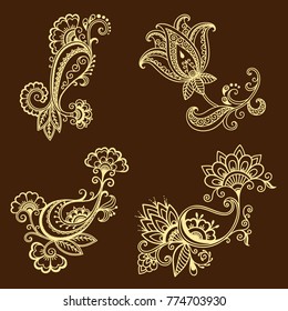 Set of Mehndi flower pattern for Henna drawing and tattoo. Decoration in ethnic oriental, Indian style.