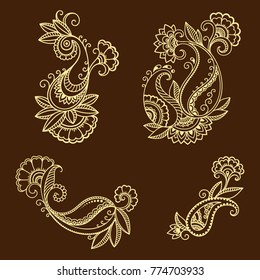 Set of Mehndi flower pattern for Henna drawing and tattoo. Decoration in ethnic oriental, Indian style.