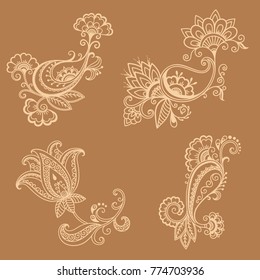 Set of Mehndi flower pattern for Henna drawing and tattoo. Decoration in ethnic oriental, Indian style.