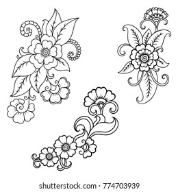 Set of Mehndi flower pattern for Henna drawing and tattoo. Decoration in ethnic oriental, Indian style.