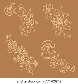 Set of Mehndi flower pattern for Henna drawing and tattoo. Decoration in ethnic oriental, Indian style.