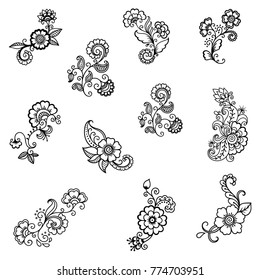 Set of Mehndi flower pattern for Henna drawing and tattoo. Decoration in ethnic oriental, Indian style.