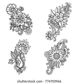 Set of Mehndi flower pattern for Henna drawing and tattoo. Decoration in ethnic oriental, Indian style.