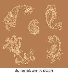 Set of Mehndi flower pattern for Henna drawing and tattoo. Decoration in ethnic oriental, Indian style.