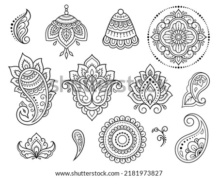 Set of Mehndi flower pattern for Henna drawing and tattoo. Decoration in ethnic oriental, Indian style. Doodle ornament. Outline hand draw vector illustration.
