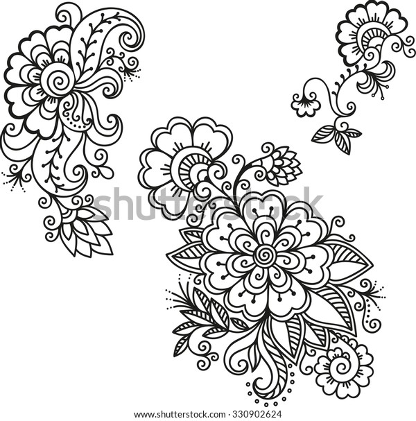 Set Mehndi Flower Pattern Henna Drawing Stock Vector (Royalty Free ...