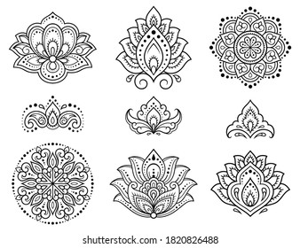 Set of Mehndi flower pattern and mandala for Henna drawing and tattoo. Decoration in ethnic oriental, Indian style. Doodle ornament. Outline hand draw vector illustration.