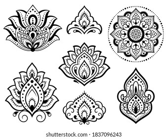 Set of Mehndi flower pattern and mandala for Henna drawing and tattoo. Decoration in ethnic oriental, Indian style. Doodle ornament. Outline hand draw vector illustration.