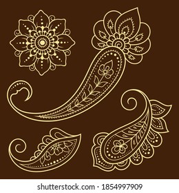 Set of Mehndi flower pattern and mandala for Henna drawing and tattoo. Decoration in ethnic oriental, Indian style. Doodle ornament. Outline hand draw vector illustration.