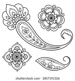 Set of Mehndi flower pattern and mandala for Henna drawing and tattoo. Decoration in ethnic oriental, Indian style. Doodle ornament. Outline hand draw vector illustration.