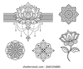 Set of Mehndi flower pattern and mandala for Henna drawing and tattoo. Decoration in ethnic oriental, Indian style. Doodle ornament. Outline hand draw vector illustration.