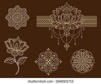 Set of Mehndi flower pattern and mandala for Henna drawing and tattoo. Decoration in ethnic oriental, Indian style. Doodle ornament. Outline hand draw vector illustration.