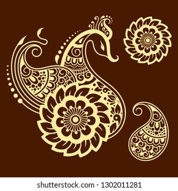 Set of Mehndi flower pattern and peacock for Henna drawing and tattoo. Decoration in ethnic oriental, Indian style.