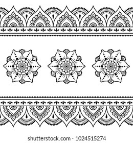 Set of Mehndi flower pattern and seamless border for Henna drawing and tattoo. Decoration in oriental, Indian style.