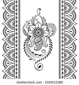 Set Of Mehndi Flower Pattern And Seamless Border For Henna Drawing And Tattoo. Decoration In Oriental, Indian Style.