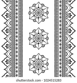 Set of Mehndi flower pattern and seamless border for Henna drawing and tattoo. Decoration in oriental, Indian style.