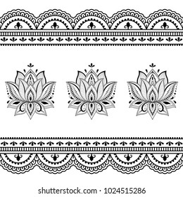 Set of Mehndi flower pattern and seamless border for Henna drawing and tattoo. Decoration in oriental, Indian style.