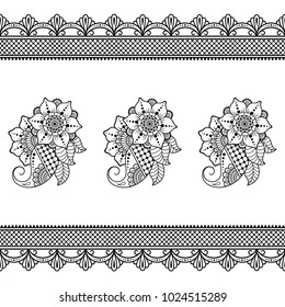 Set of Mehndi flower pattern and seamless border for Henna drawing and tattoo. Decoration in oriental, Indian style.
