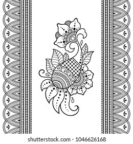 Set of Mehndi flower pattern and seamless border for Henna drawing and tattoo. Decoration in oriental, Indian style.