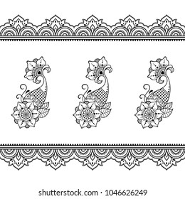 Set of Mehndi flower pattern and seamless border for Henna drawing and tattoo. Decoration in oriental, Indian style.