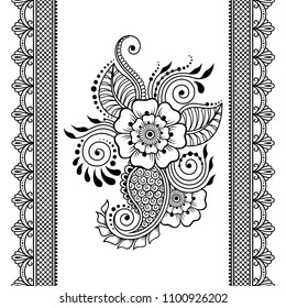 Set of Mehndi flower pattern and seamless border for Henna drawing and tattoo. Decoration in oriental, Indian style.
