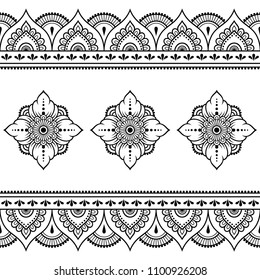 Set of Mehndi flower pattern and seamless border for Henna drawing and tattoo. Decoration in oriental, Indian style.