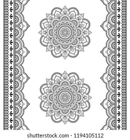 Set of Mehndi flower pattern and seamless border for Henna drawing and tattoo. Decoration in oriental, Indian style.