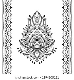 Set of Mehndi flower pattern and seamless border for Henna drawing and tattoo. Decoration in oriental, Indian style.