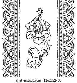 Set of Mehndi flower pattern and seamless border for Henna drawing and tattoo. Decoration in oriental, Indian style.
