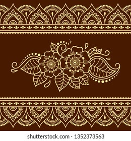 Set of Mehndi flower pattern and seamless border for Henna drawing and tattoo. Decoration in oriental, Indian style.