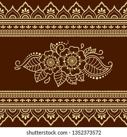Set of Mehndi flower pattern and seamless border for Henna drawing and tattoo. Decoration in oriental, Indian style.