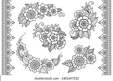 Set of Mehndi flower pattern and seamless border for Henna drawing and tattoo. Decoration in ethnic oriental, Indian style. Doodle ornament. Outline hand draw vector illustration.