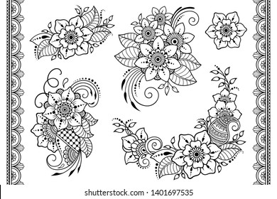 Set of Mehndi flower pattern and seamless border for Henna drawing and tattoo. Decoration in ethnic oriental, Indian style. Doodle ornament. Outline hand draw vector illustration.
