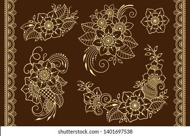 Set of Mehndi flower pattern and seamless border for Henna drawing and tattoo. Decoration in ethnic oriental, Indian style. Doodle ornament. Outline hand draw vector illustration.