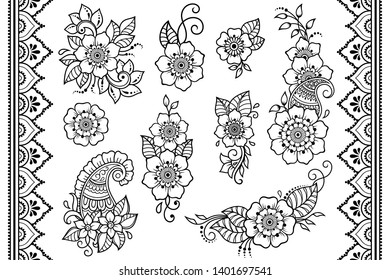 Set of Mehndi flower pattern and seamless border for Henna drawing and tattoo. Decoration in ethnic oriental, Indian style. Doodle ornament. Outline hand draw vector illustration.