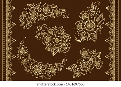 Set of Mehndi flower pattern and seamless border for Henna drawing and tattoo. Decoration in ethnic oriental, Indian style. Doodle ornament. Outline hand draw vector illustration.