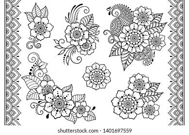 Set of Mehndi flower pattern and seamless border for Henna drawing and tattoo. Decoration in ethnic oriental, Indian style. Doodle ornament. Outline hand draw vector illustration.