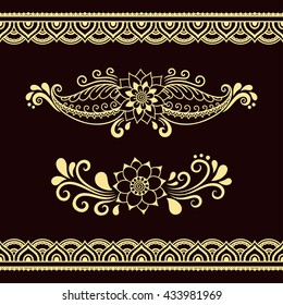 Set of Mehndi flower pattern and seamless border for Henna drawing and tattoo. Decoration in oriental, Indian style.