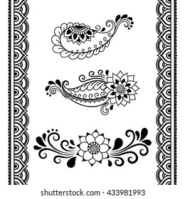 Set of Mehndi flower pattern and seamless border for Henna drawing and tattoo. Decoration in oriental, Indian style.
