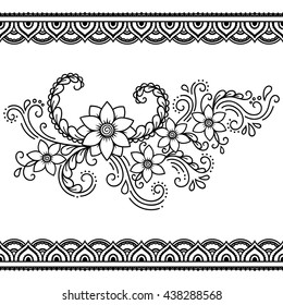 Set of Mehndi flower pattern and seamless border for Henna drawing and tattoo. Decoration in oriental, Indian style.