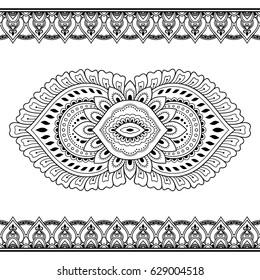 Set of Mehndi flower pattern and seamless border for Henna drawing and tattoo. Decoration in oriental, Indian style.