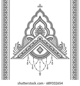 Set of Mehndi flower pattern and seamless border for Henna drawing and tattoo. Decoration in oriental, Indian style.