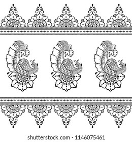 Set of Mehndi flower, peacock pattern and seamless border for Henna drawing and tattoo. Decoration in oriental, Indian style.