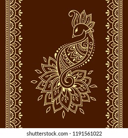 Set of Mehndi flower, peacock pattern and seamless border for Henna drawing and tattoo. Decoration in oriental, Indian style.
